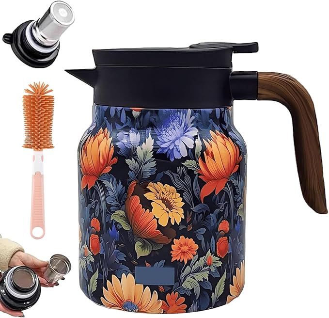 Vintage Floral Pattern Teapot – Built-In Infuser, 800ML/1000ML Heatproof Stainless Steel Teapot with Lid for Hot Drinks (Orange, 1000ml-Wooden handle)
