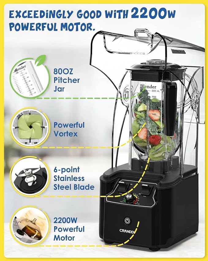 CRANDDI Commercial Quiet Blender, 2200 Watt Professional Countertop Blender with 80oz Pitcher, Built-in Pulse & 15-speeds Control, Smoothie Blender for Commercial and Home, K90 Black