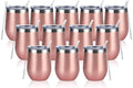 12 Pack Stainless Steel Wine Tumblers, 12Oz Double Wall Vacuum Insulated Wine Tumblers with Lids and Straws, Stainless Steel Stemless Wine Glasses for Coffee, Wine, Cocktails, Champaign, Rose Gold