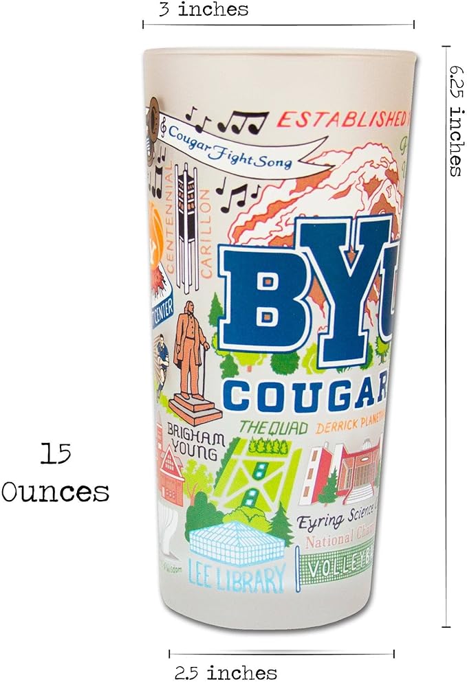 Catstudio Drinking Glass, Brigham Young University Glass Cup for Kitchen, 15oz Dishwasher Safe Tumbler for BYU Alumni