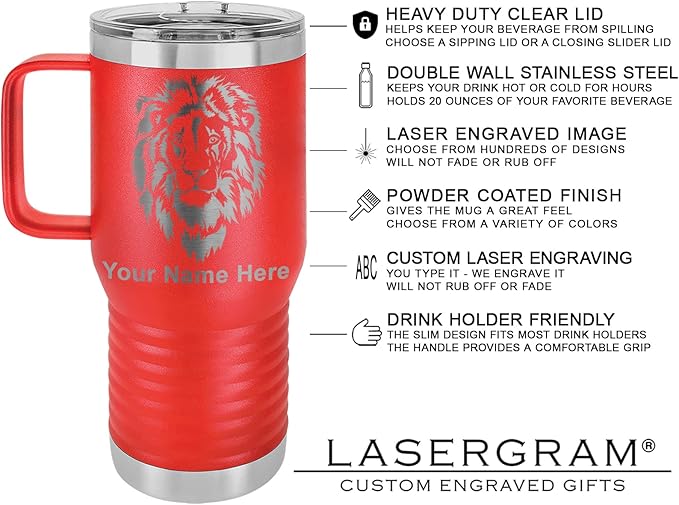 LaserGram 20oz Vacuum Insulated Travel Mug with Handle, Tiki Statue, Personalized Engraving Included (Red)