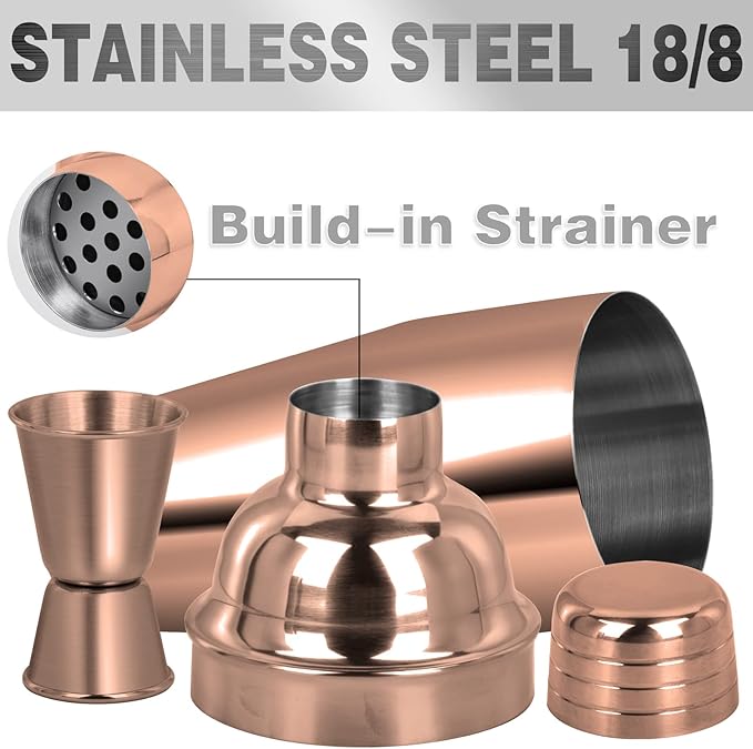 Large 24oz Cocktail Shaker Set, Stainless Steel 18/8 Martini Mixer Shaker with Built-in Strainer, Measuring Jigger & Mixing Spoon, Martini Shaker Set, Perfect for Bartender and Home Use, Rose Gold