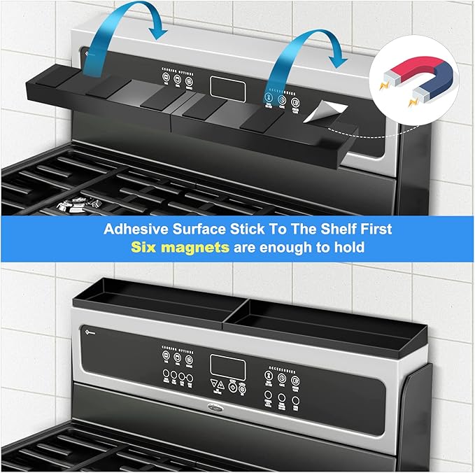 30" Magnetic Stove Top Shelf Spice Rack,2 Pack 15" kitchen Seasoning Organizers Storage Gadgets Spice Rack Over The Stove Shelf Metal (Black-2 Pack 15")