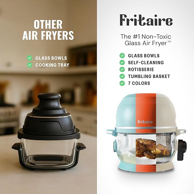 Non Toxic Air Fryer™ - Glass AirFryer 5 Quart w/ 360 Visibility, Self-Cleaning, 400F Vortex Air Fryer for Even Cooking, BPA-Free Teflon Free, 9-in-1 Functions, Rotisserie, Roast, Bake, Cherry