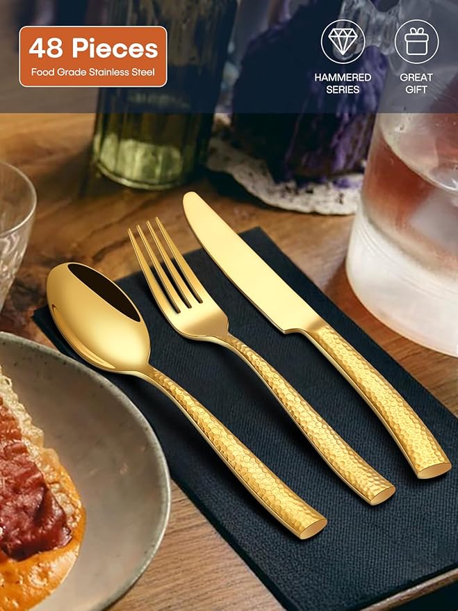 Stapava 48 Pc Gold Hammered Silverware Set with Steak Knives, Stainless Steel Gold Utensils Cutlery for 8, Mirror Flatware Include Forks, Spoons and Knives for Home, Hotel; Dishwasher Safe