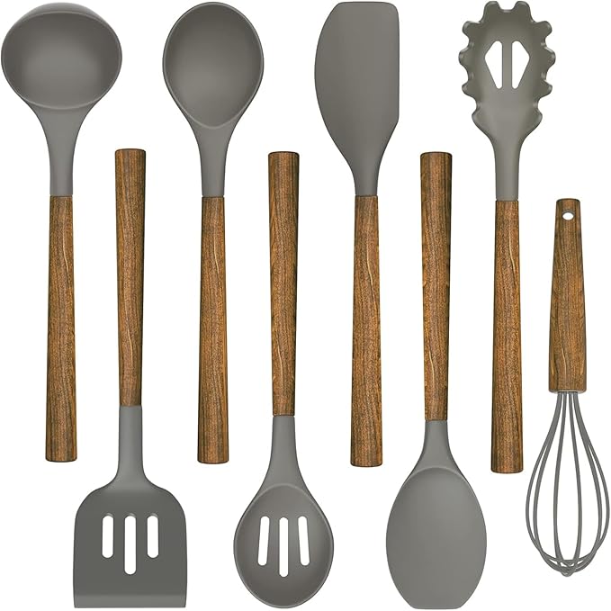 Umite Chef Silicone Cooking Utensil Set, 8-Piece Kitchen Utensils Set with Natural Acacia Wooden Handles,Food-Grade-Silicone Kitchen Gadgets and Spatula Set for Nonstick Cookware - Grey