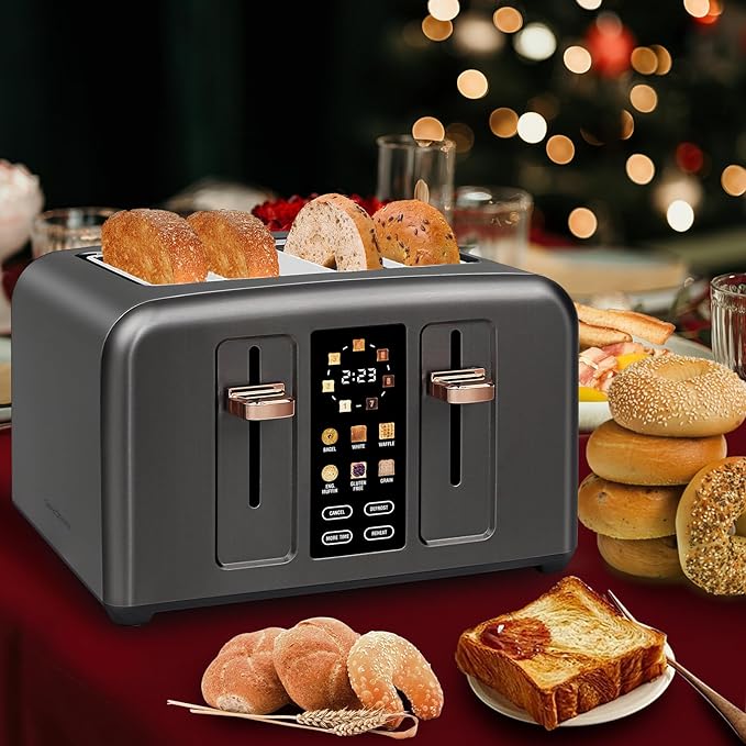 SEEDEEM Toaster 4 Slice, Full Touch control Toaster, LCD Display, 6 Bread Type, 7 Shade Settings, 1.4''Wide Slots，More Time Function, Removable Crumb Tray, 1800W, Dark Metallic