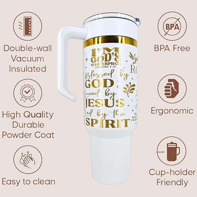 40oz Christian Tumbler with Handle & Straw – “Rooted in Christ,” “Jesus Is King,” Faith Scripture Gift – Double Wall Insulated Stainless Steel Mug for Hot & Cold Drinks (Rooted In Christ)