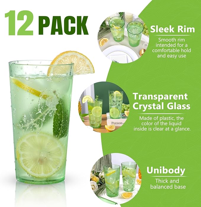 Liacere Plastic Drinking Glasses (Set of 12) 18oz Highball Green Reusable Plastic Glasses Colors，Kitchen Water Glasses Cup, Bar Tumbler Glassware Set for Beer, Juice, Cocktail, Whiskey, Milk