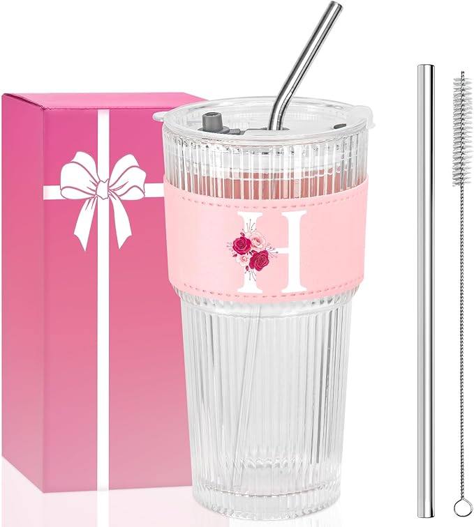Personalized Gifts for Women,20oz Ribbed Glass Tumbler,Monogrammed Gifts for Women,Birthday Gift,Ice Coffee Mug,Christmas Gift for Mom Sister-H