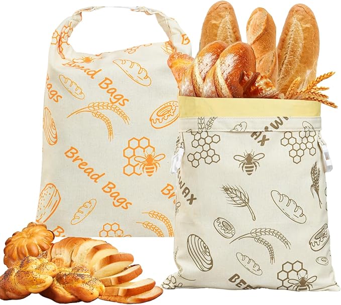 Reusable Beeswax Bread Bags for Sourdough & Homemade Bread - 2 Pack Extra Large (17x12in) Organic Cotton Linen Storage Bags | Freezer Safe, Eco-Friendly, Plastic-Free Freshness Keeper