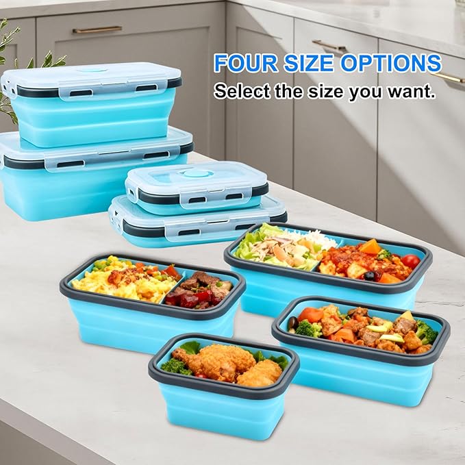 4 Set Collapsible Food Storage Containers Silicone Lunch Container with Lids Collapsible Lunch Box Food for Camper Leftovers Snacks Meals Dorm Kitchen Microwave Dishwasher and Freezer Sky Blue