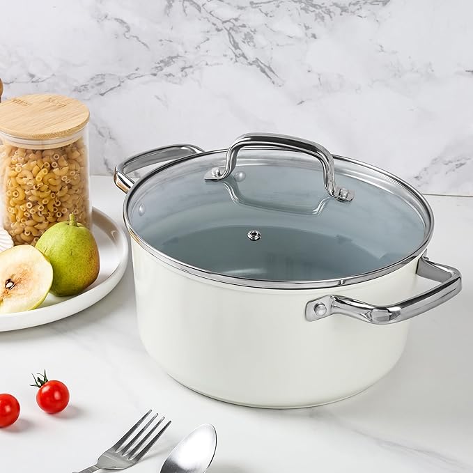 Ceramic 5 Qt Nonstick Stock Pot with Lid, Soup Pot, Easy to Clean Non Stick Pasta Pot, PFOA PFAS PTFE Free, White