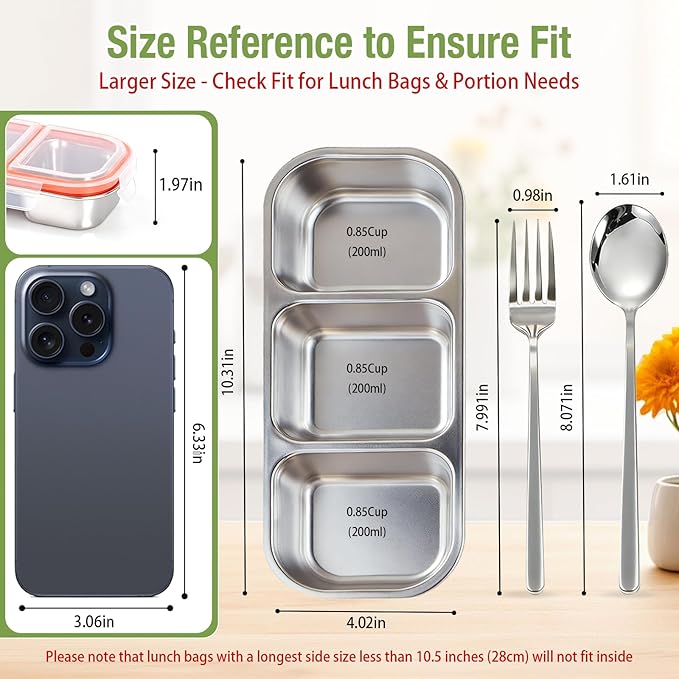 3 Pack Stainless Steel Snack Containers with Fork & Spoon, 3 Compartment Metal Bento Lunch Box with Leakproof Lids, Reusable Snack Bento Prep Containers for Home, Office, Travel