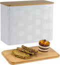 Extra Large Bread Box for Kitchen Countertop Corner Breadbox for Homemade Bread Metal White Hexagon Stripe Pattern Embossed Storage Container Bin with Bamboo Lid Fits 2 Loaves of Bread