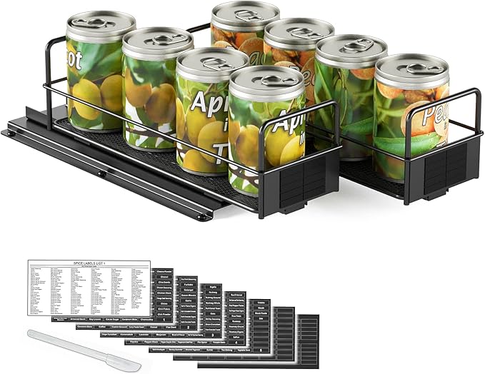 SpaceAid Pull Out Spice Rack Organizer for Cabinet, Heavy Duty Slide Out Seasoning Kitchen Organizer, Cabinet Organizer, with Labels, 7.7" W x10.8 D x4 H, 2 Drawers 1-Tier