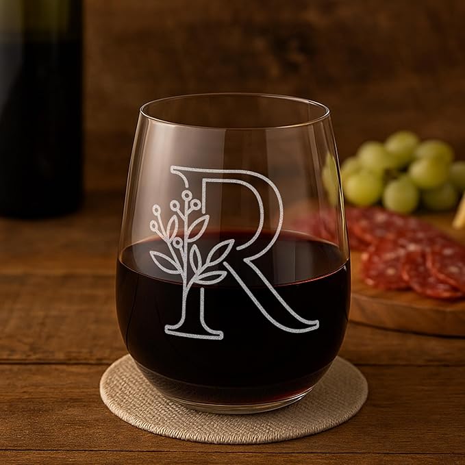 On The Rox Drinks Monogrammed Gifts For Women and Men - Letter A-Z Initial Engraved Monogram Stemless Wine Glass - 17 Oz Personalized Wine Gifts For Women and Men (R)