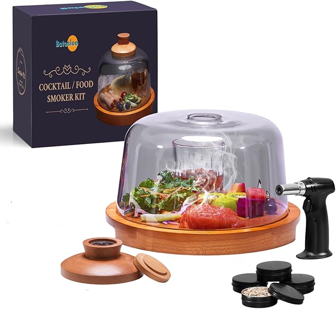 Cocktail Smoker Kit with Wooden Base and Glass Dome, Perfect for Infusing Smoky Flavors into Old Fashioned Cocktails, Whiskey, and Foods with Included Wood Chips