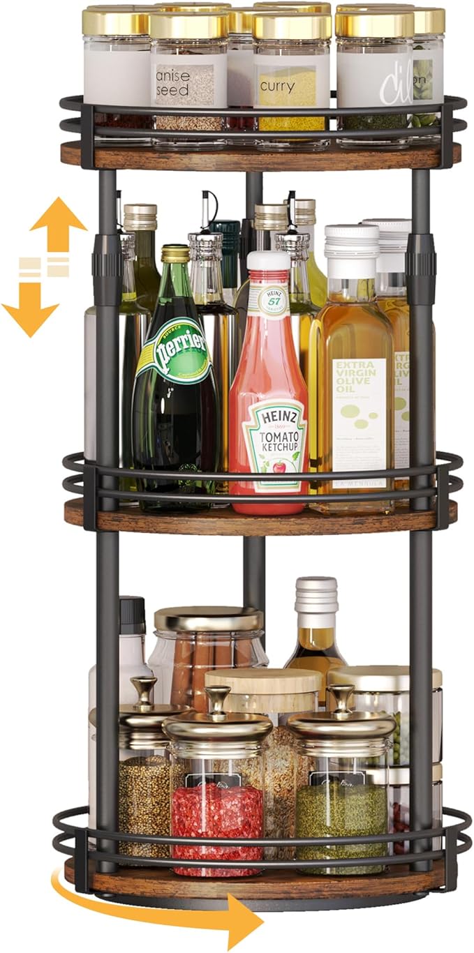 Lazy-Susan-Organizer-Spice-Rack, 3-Tier Adjustable Rotating Spice Organizer For Kitchen-Cabinet-Countertop-Pantry, Turntable Seasoning Holder Storage Shelf