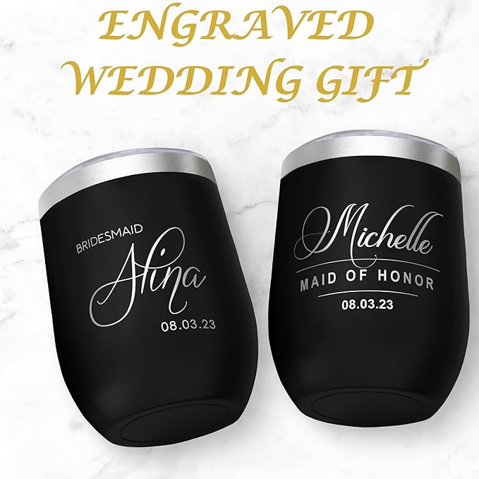 Gifts Inscribed Personalized Wine Tumbler with Lid – Black Custom Engraved Stainless Steel Insulated Mug for Hot & Cold Drinks – Customized Bridesmaid, Wedding, or Birthday Gift