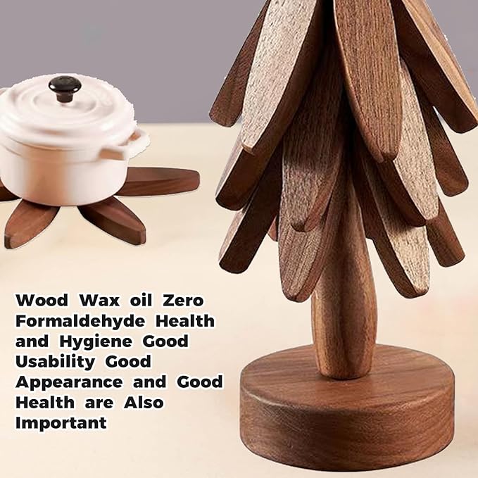 Wooden Tree Coasters, Trivets for Hot Dishes, Trivets for Hot Pots and Pans, Wooden Tree Trivet Set - 3 or 4 Wooden Trivet + 1 Stand, Christmas Coasters (Walnut,4pcs-A)