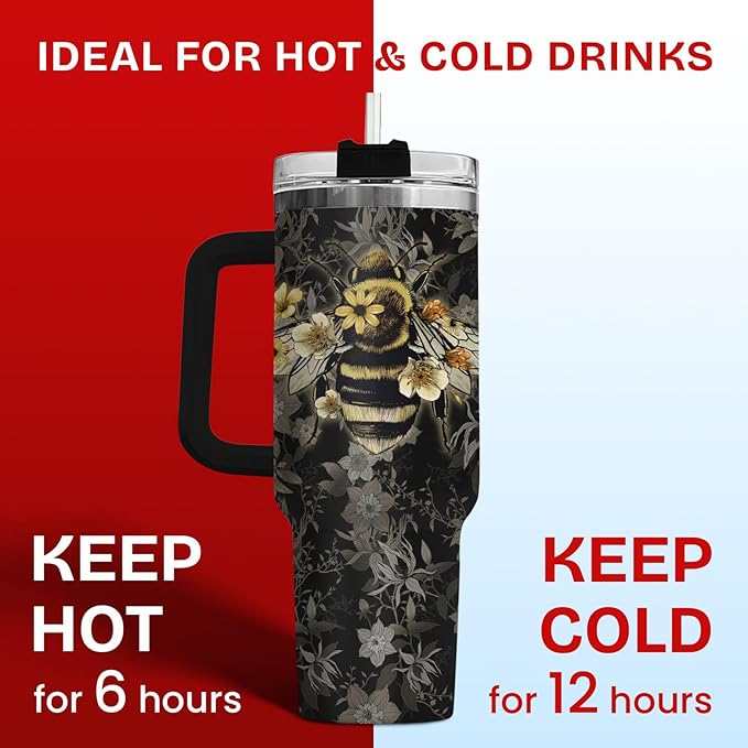 34HD Queen Bee Tumbler with Handle & Straw, 40oz Stainless Steel Vacuum Insulated Coffee Mug, Honey Bee Gifts for Birthday Mothers Day Christmas, Gifts for Women Teachers Mom Daughter Friend