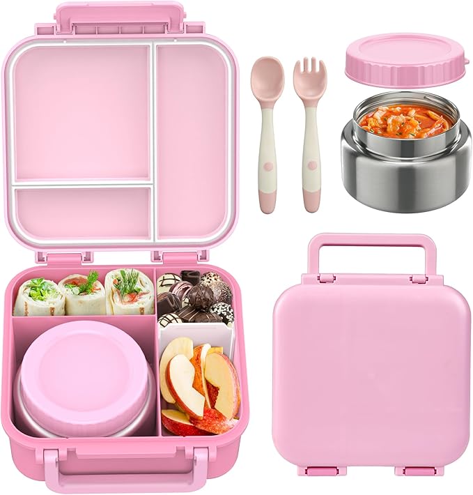 Bento Box for Kids with Soup Thermos(9oz)– Kid Bento Lunch Box with Leak Proof Insulated Food Jar, Hot & Cold Lunch Container Set for School Girls Boys, 4-Compartments, Dishwasher Safe, Pink