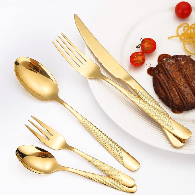 Hammered Silverware Set Gold Modern Stainless Steel Flatware for 4 Forks Knives and Spoons Party Dinning Utensils Elegant Creative Design Handle Festival Parties Everyday Use