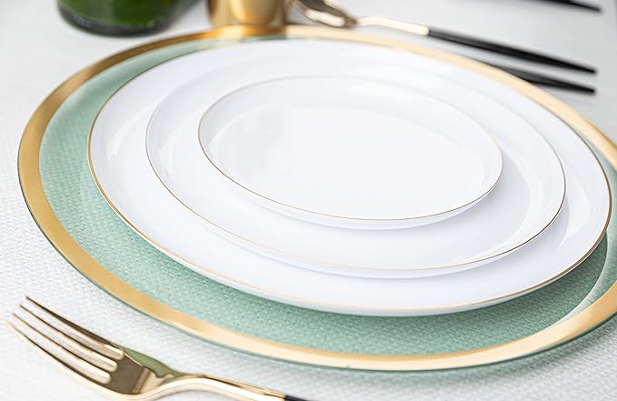 [30 Pack 10.7''] White Plastic Party Plates With Gold Rim Edge Collection Premium heavyweight Elegant Disposable Tableware Dishes
