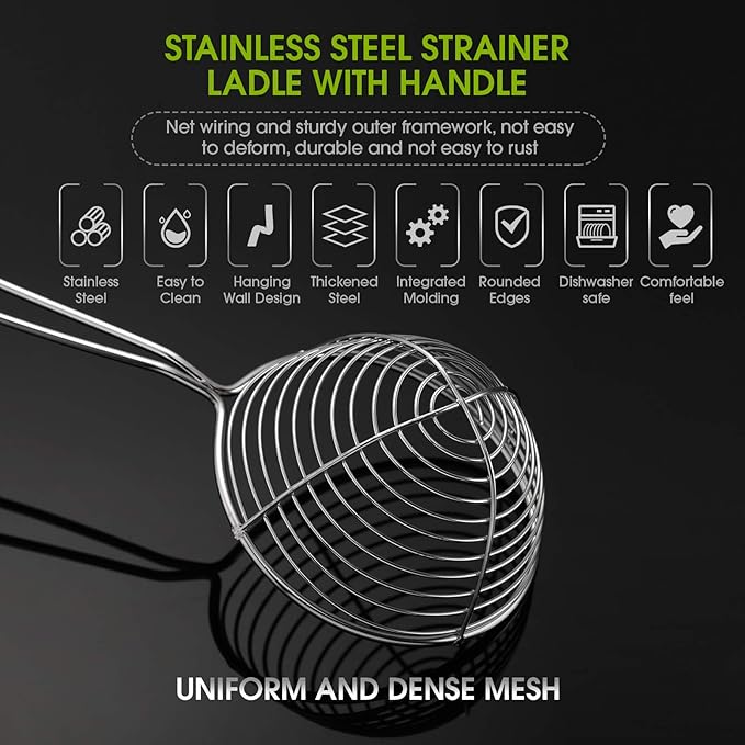 Geiserailie 10 Pieces 6 Pieces Hot Pot Kit Strainer Scoops Stainless Steel 2.5 Inch Mini Spider Strainer Skimmer Pasta Mesh Spoon Asian Skimmer Spoon Ladle with Handle for Home (Black)