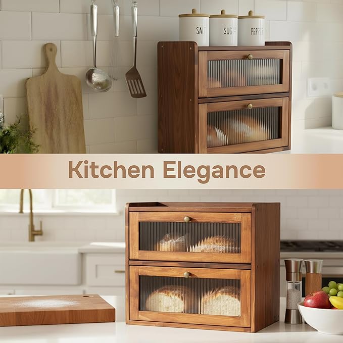 Bread Box for Kitchen Countertop - Wooden 2 Tier Bread Box with 10x Bread Bags and 10x Bread Bag Ties Vintage Breadbox Bread Storage Container Farmhouse Food Organizer Pantry Shelf (Brown)