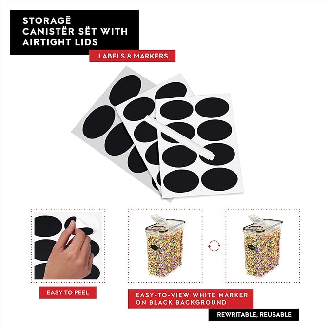 DWËLLZA KITCHEN Cereal Containers Storage 4 Pack 135 fl. oz Cereal Dispenser Airtight Food Storage Containers BPA-Free Pantry Organization and Storage, Canister for Flour & Sugar 1 Marker 8 Labels