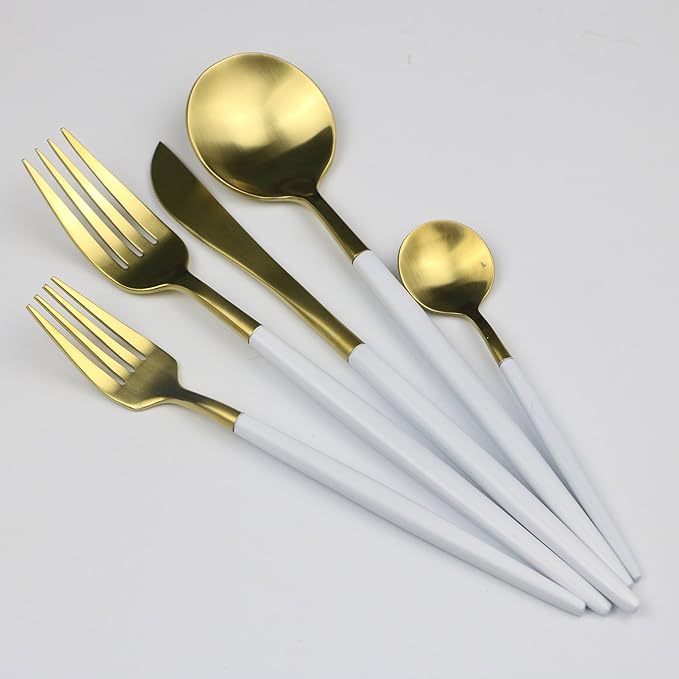 20-Piece 18/10 Stainless Steel Flatware Set, Serive for 4, With Fork Spoons Knife Teaspoon Dessert Fork for Home Kitchen Restaurant Hotel (White + Gold)