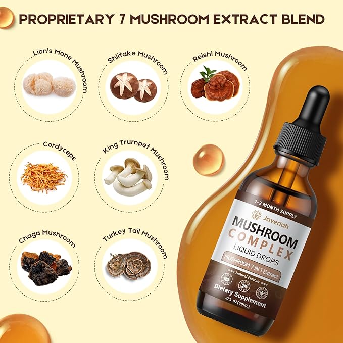 Mushroom Complex Liquid Drops Supplement with Lion's Mane, Shiitake, King Trumpet, Turkey Tail, Reishi, Cordyceps & Chaga,7 in 1 Mushrooms Complex Blend Tincture 4 fl oz 2 Pack