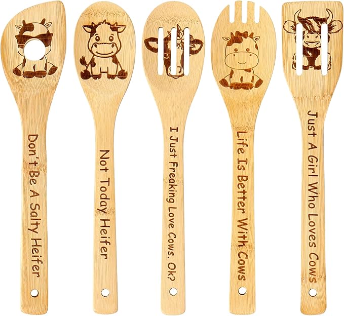 Cow Wooden Spoons for Cooking, Cow Gifts for Women, Cute Cow Kitchen Decor Cow Stuff, Engraved Non-stick Bamboo Cow Kitchen Accessories, Cow Themed Gift for Cow Lovers Mothers Day Gift