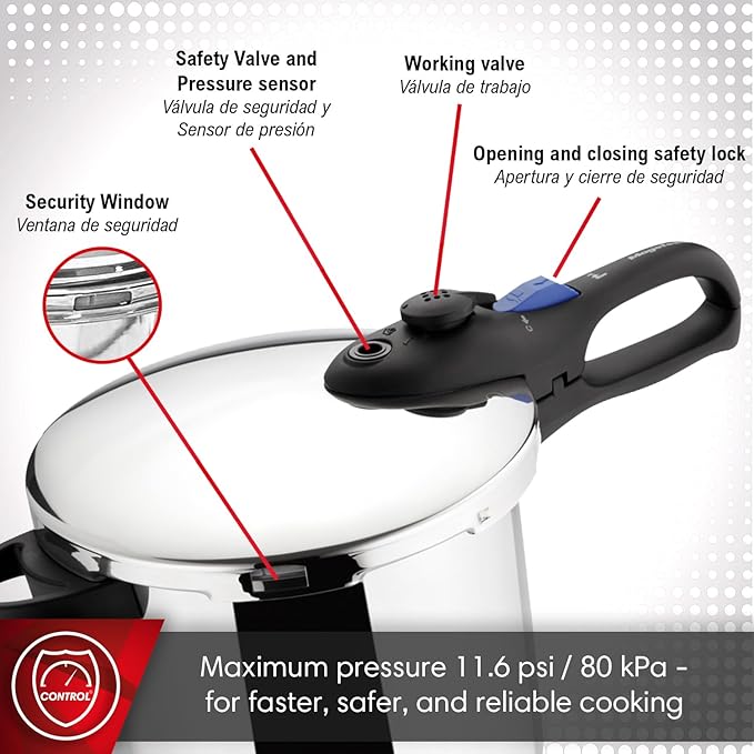 MAGEFESA Favorit 6.3 Qt Pressure Cooker, 18/10 Stainless Steel Fast Cooker for Quick & Healthy Meals, Induction Compatible, Works on All Stovetops