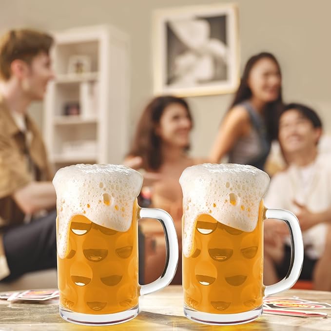 20 OZ Beer Stein Mugs, German Clear Large Tall Beer Glasses With Handle for Men, Wave Point glass Mug Set of 2