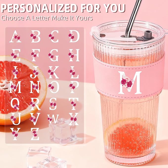 Personalized Gifts for Women,20oz Ribbed Glass Tumbler,Monogrammed Gifts for Women,Birthday Gift,Ice Coffee Mug,Christmas Gift for Mom Sister-M
