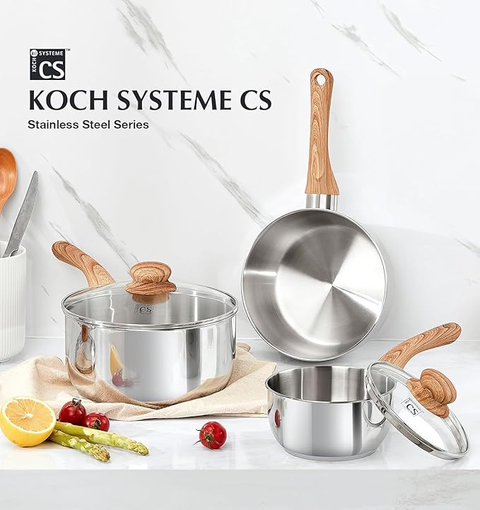 KOCH SYSTEME CS Stainless Steel Saucepan with Steamer Insert, Premium 18/10 Stainless Steel Pot 3 Quart with Cool-Touch Handle, 3 Quart Sauce Pan with Lid, Induction Compatible, Dishwasher Safe