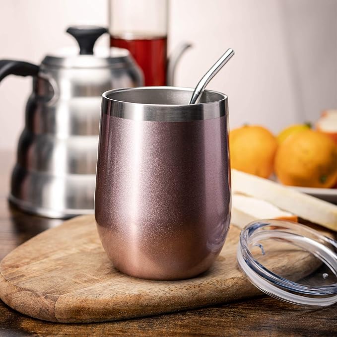 COMOOO Rose Gold Stainless Steel Wine Tumbler Bulk with Lid and Straw 12oz Double Wall Vacuum Insulated Travel Tumbler Cup for Coffee Wine Cocktails Ice Cream Cup (Rose Gold, 6 pack)