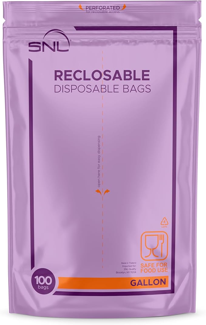 Gallon Food Bags by SNL -100 Pack- Leak-Proof, Clear, Write-On Block, Reclosable, Disposable Storage Bags, Double Seal Zippers with Clicking Noise Zip Confirmation, Stand-Alone Gusset, Easy Dispensing