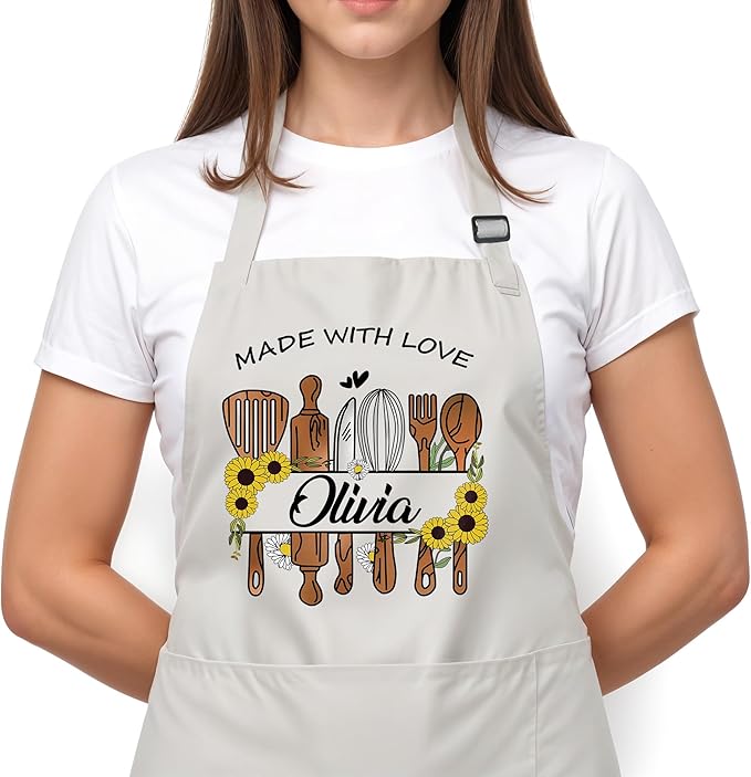 Custom Apron for Mom, Mother's Day Gift for Mom with Name, Personalized Kitchen Gifts for Mother, Women, Wife, Adjustable Customized Baking Kitchen Cooking Apron - Personalized Mom Gifts from Husband