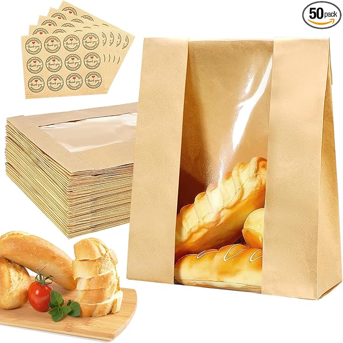Larger 50 Pack Kraft Sourdough Bread Bags,50% Thicker Bread Bags for Homemade Bread,Pper Bakery Bags with Clear Window, Baked Food Packaging Storage,Bread Bags with Sealing Stickers(13.7x8.2x3.7 inch)