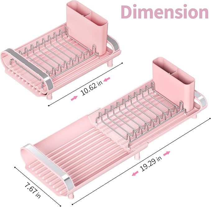 TOOLF Small Dish Drying Rack, Mini Expandable Compact Dish Rack, Slim Extendable Stainless Steel Dish Drainer for Kitchen Plate Storage, Space Saving Dish Strainer in Sink or on Home Countertop, Pink
