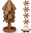 Wooden Christmas Tree Coaster Trivets Wood Trivets Set for Hot Dishes Set of 4 Christmas Tree Shape Foldable Wooden Coaster and 1 Stand Natural Trivet for Cups Plates Bowls Pots(Black Walnut Color)