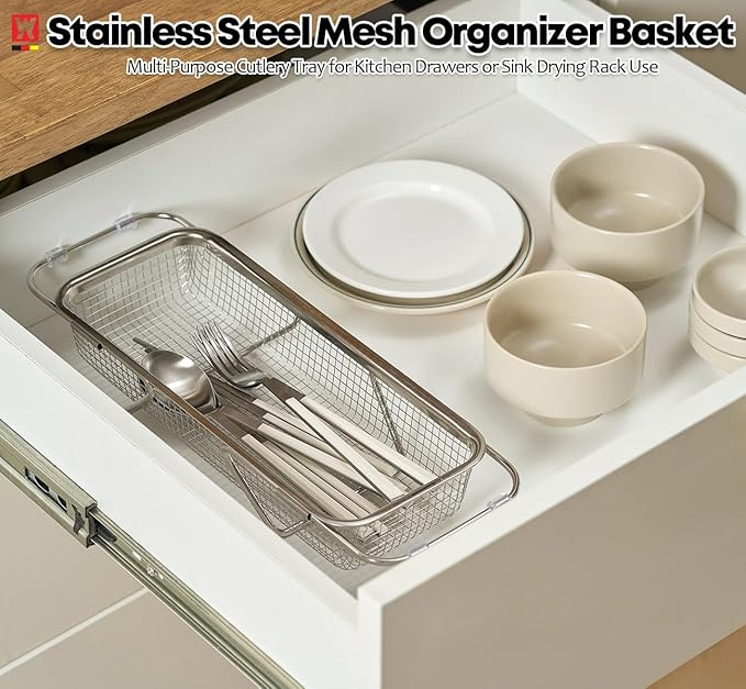 Extendable Dish Rack with Feet, Vegetable Colander Basket, Stainless Steel Dish or Silverware Drying Rack, Ultimate Kitchen Organizer Over The Sink (12.40 x 5.12 x 2.36 Inches)