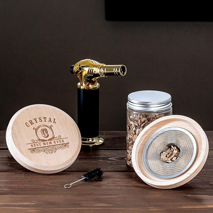 Black Diamond Custom Bourbon Smoker with Bourbon Trail Glasses - 7 pc Carraway Halo Oakmont Engraved Cocktail Smoker Topper Kit 5pc (Personalized Product) (Smoker + Glass)