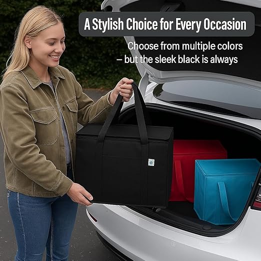 2Pk Trunk Organizer for Car Insulated Reusable Grocery Bags, Collapsible Cooler Bag for Groceries, Heavy Duty Large Insulated Bag (Large, Charcoal Black)