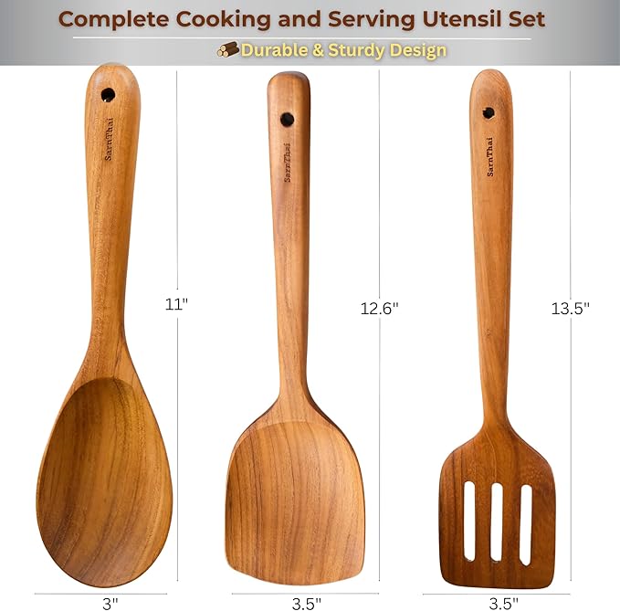 SarnThai Premium Teak Kitchen Utensil Set – 3 Piece Handmade Wooden Spatula & Spoon, Eco-Friendly Teak Cooking Tools for Nonstick Pans, Wooden Spoons for Cooking