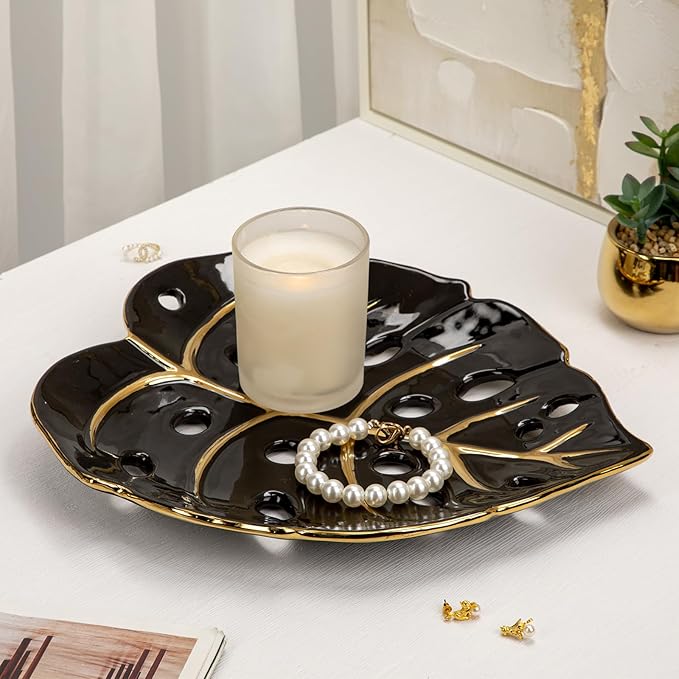 Ceramic Leaf Shaped Decorative Tray, Black Gold Monstera Leaf Plate 12.6"x11" for Jewelry, Keys, Snack, Candle Holder, Modern Table Centerpiece Home Decor